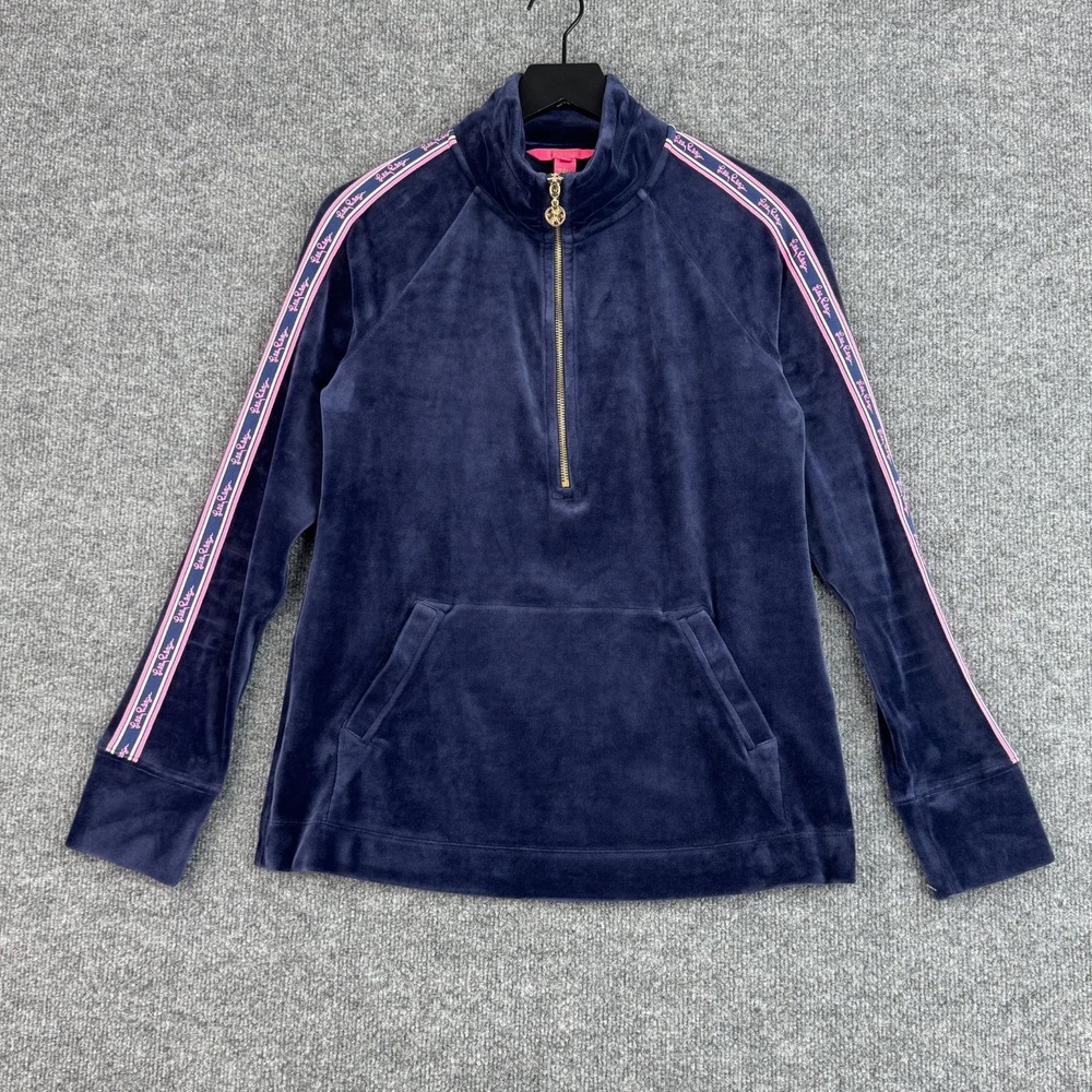 Lilly Pulitzer Quarter Zip Womens S Navy Velour Pink Logo Tape Pullover Y2K